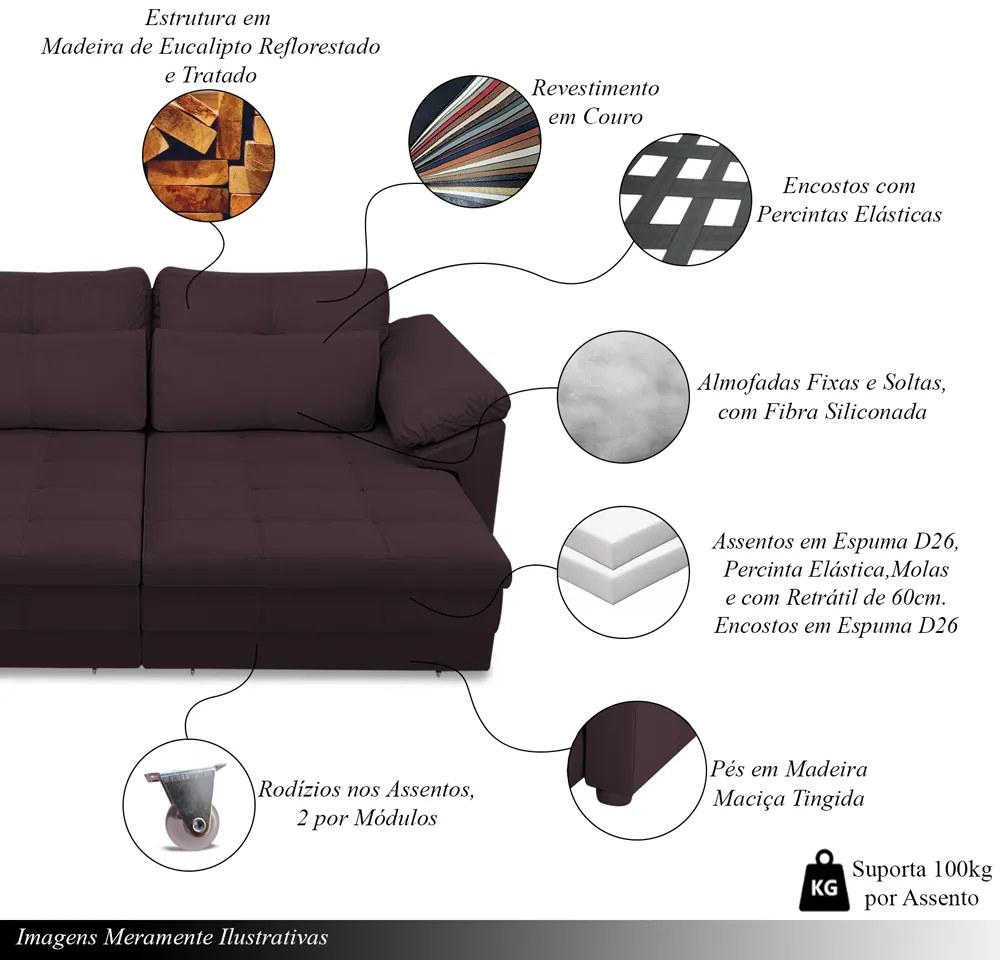 Sofá Retrátil Manual Sala de Estar Nolan Bipartido 414cm Conforto Premium em Couro Borgonha G58 - Gran Belo