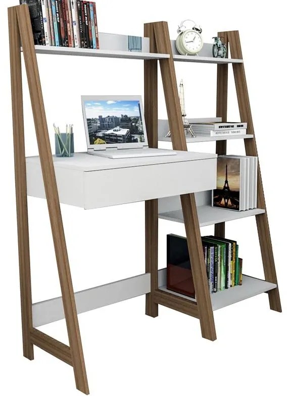 Conjunto Escritório Escrivaninha 1 Gaveta Castanho/Branco