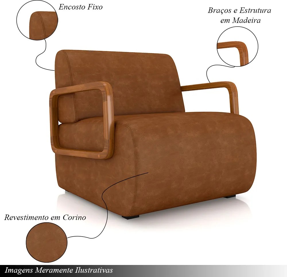 Poltrona Decorativa Sala de Estar Odessa Braços em Madeira PU Caramelo G33 - Gran Belo