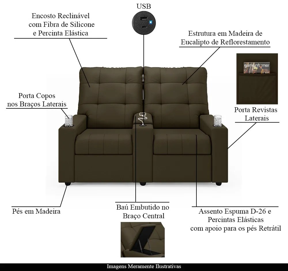 Poltrona do Papai Reclinável Sala de Cinema Movie 2 Lugares Manual Baú USB Veludo Capuccino G23