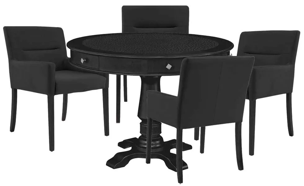 Mesa de Jogos Carteado Redonda Victoria Tampo Reversível Preto com Kit 4 Cadeiras Vicenza Preto Fosco G36 G15 - Gran Belo