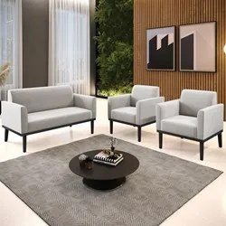 Sofá Namoradeira e 2 Poltronas Base Madeira Preto Maressa Veludo Cinza