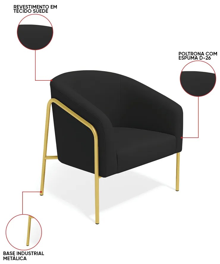 Poltrona Sala Industrial Alta Dourado Kit 2 Stella Suede D03 - D'Rossi  - Preto