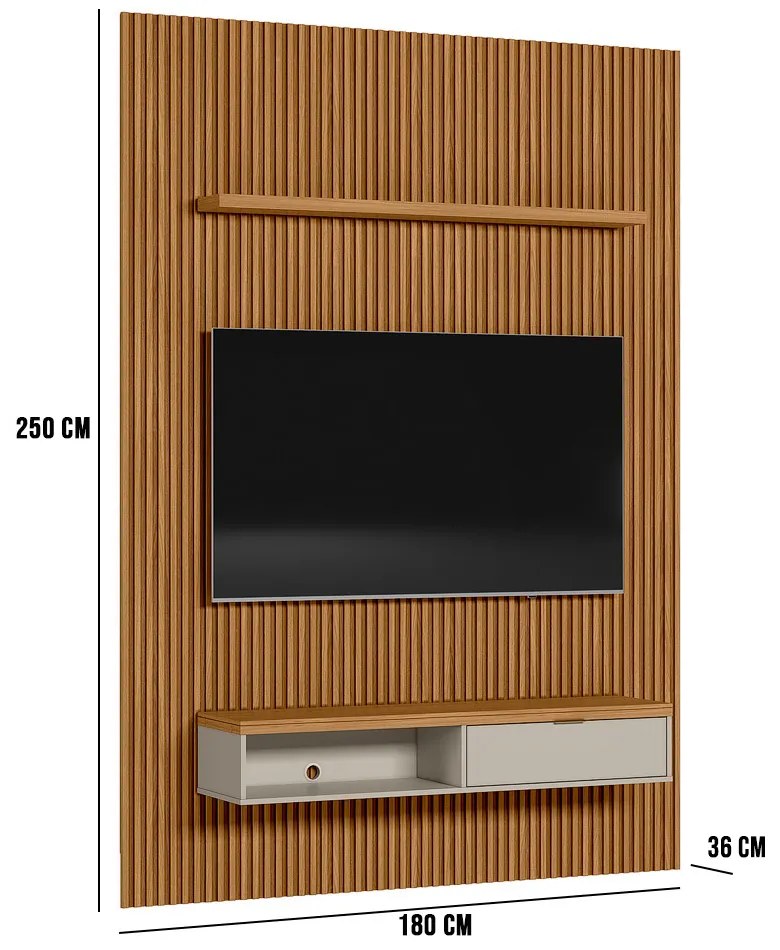 Painel para TV até 75 Polegadas Ripado Marisa com Nicho Bancada Nature e Off White 180x250 cm L04 - D'Rossi