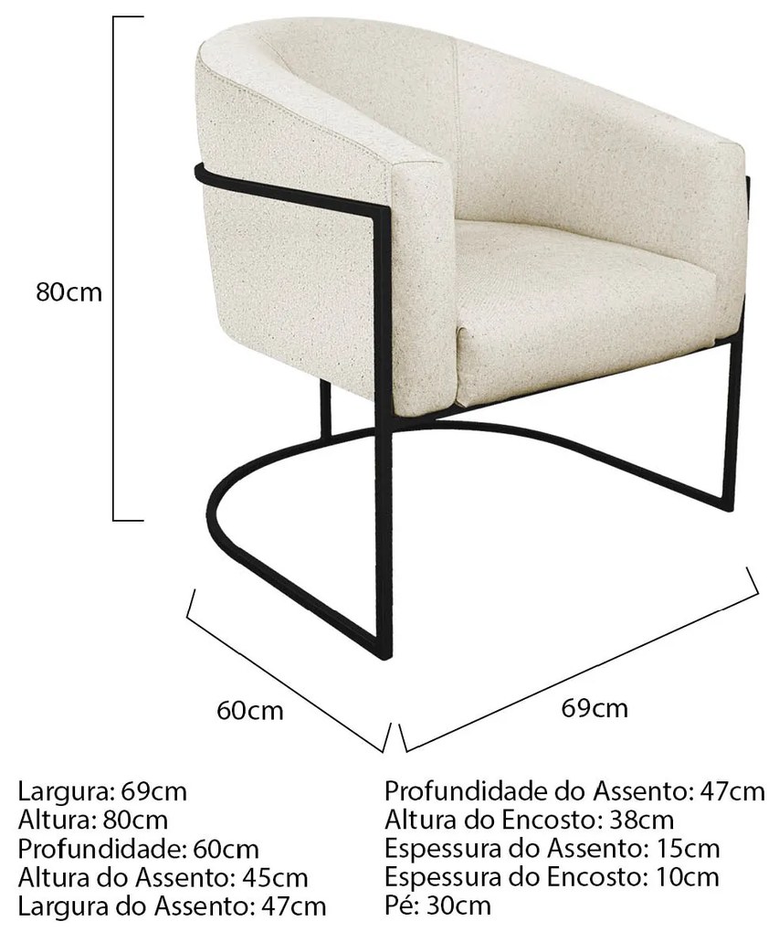 Kit 02 Poltronas Luiza Base de Ferro Preto Linho - ADJ Decor