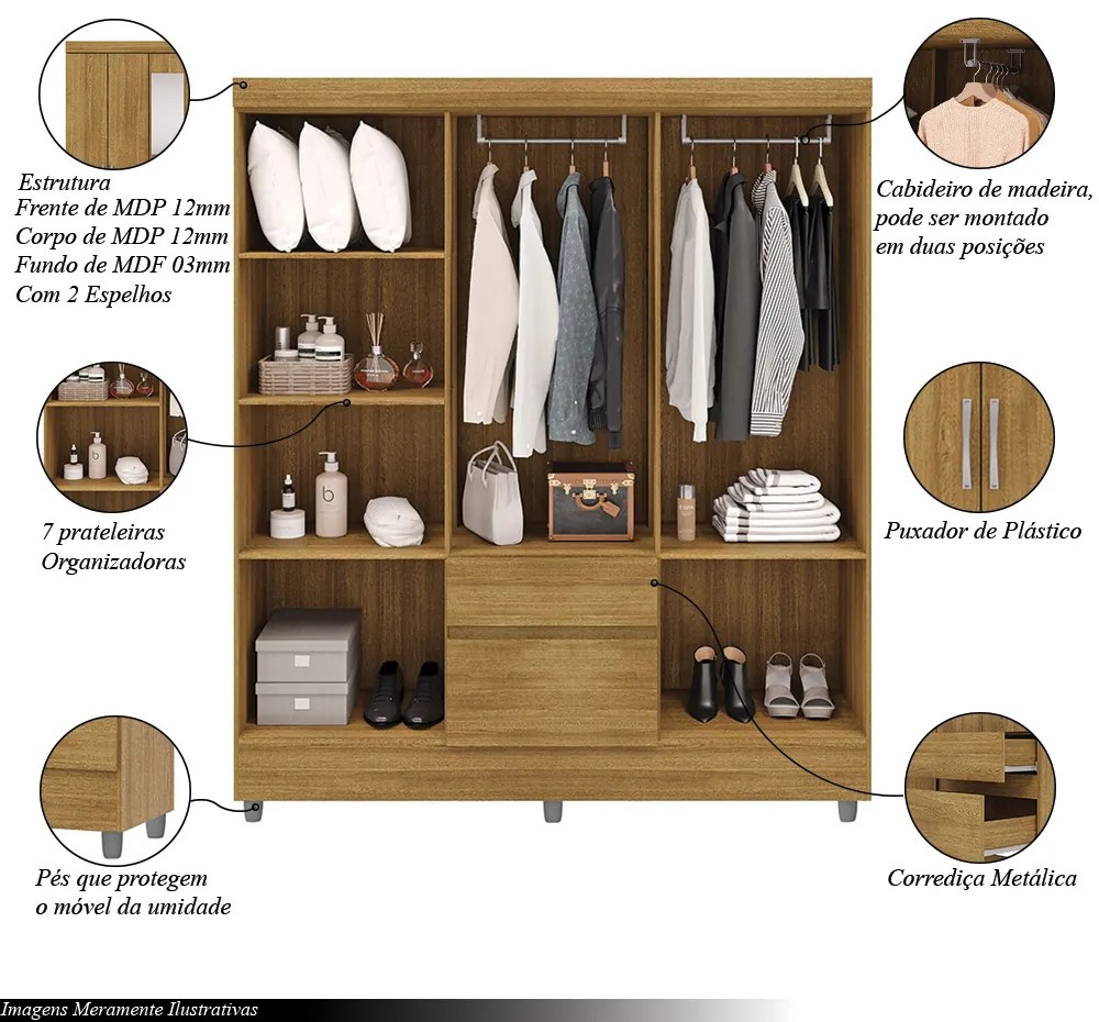 Guarda Roupa Casal Abruzzo 6 Portas de Bater 2 com Espelhos e 2 Gavetas Nature G98 - Gran Belo
