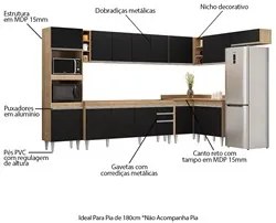 Armário de Cozinha Modulada de Canto 9 Peças CP04 Balcão Castanho/Pret