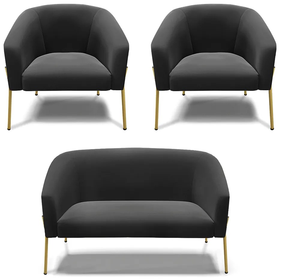 Namoradeira e 2 Poltronas Pé de Ferro Dourado Stella Suede D03 - D'Rossi - Preto