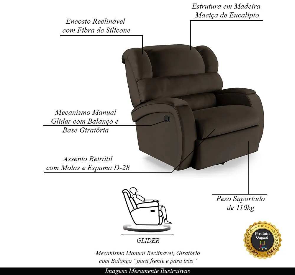 Poltrona do Papai Sala de Cinema Reclinável Kylie Glider Manual Giratória PU Marrom G23