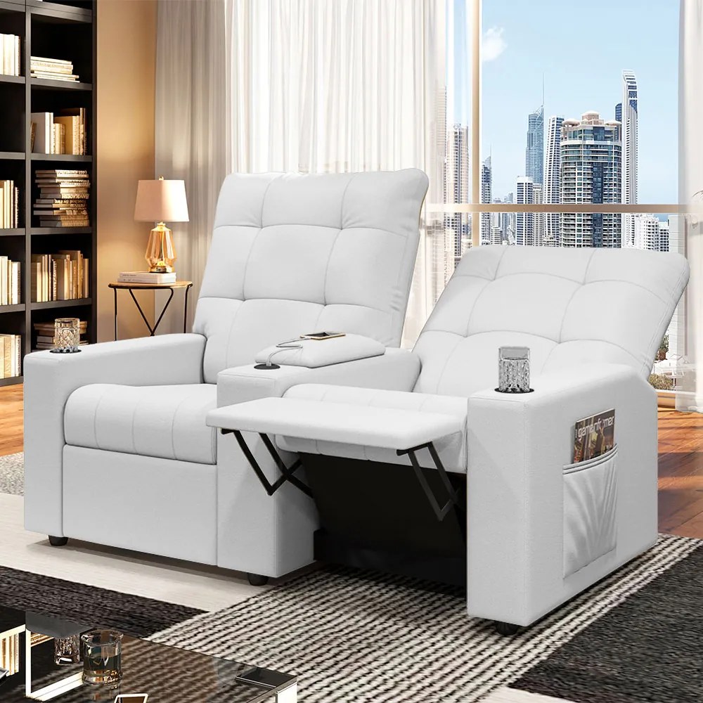Poltrona do Papai Reclinável Sala de Cinema Movie 2 Lugares Manual Baú USB PU Branco G23