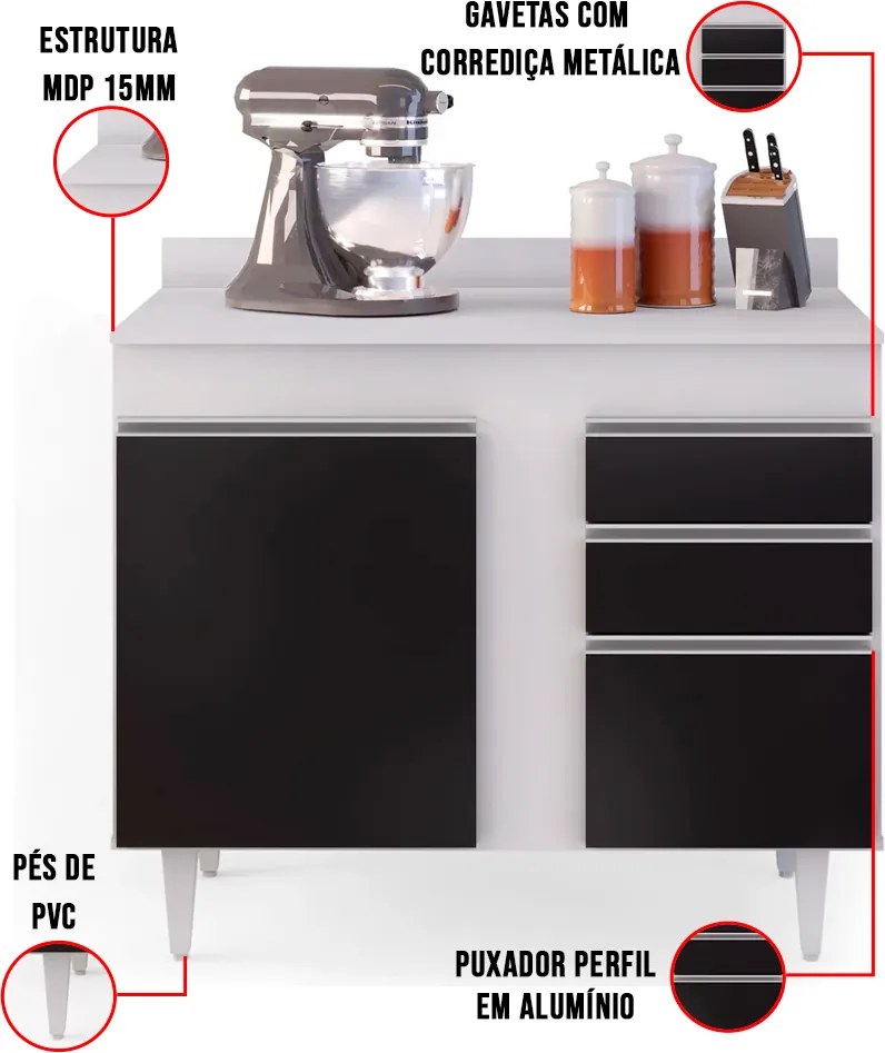 Balcão de Cozinha Lavanderia com Tampo 02 Gavetas Bia 100 cm L06 - D'Rossi - Branco e Preto