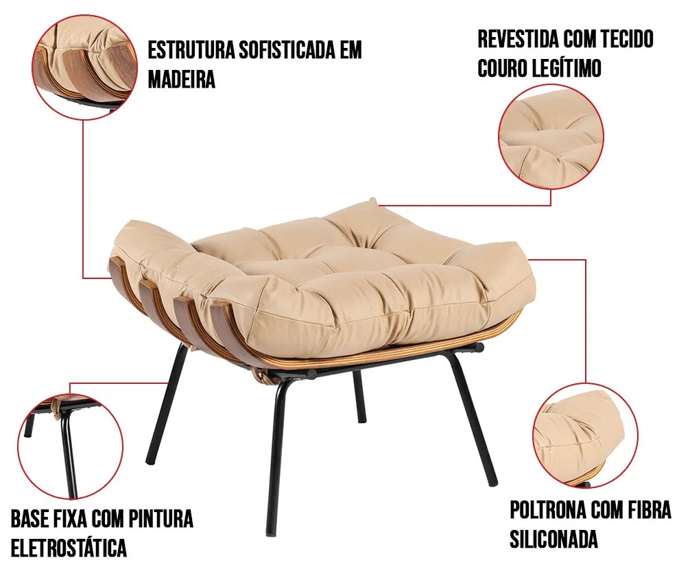 Puff Costela Couro Bege Base Metálica Preto - D'Rossi