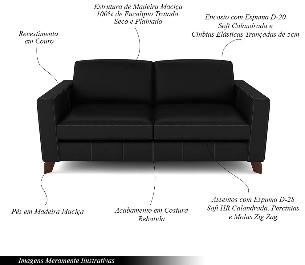 Sofá Sala de Estar Living 3 Lugares 220cm Presley Pés Madeira Couro Preto G52 - Gran Belo