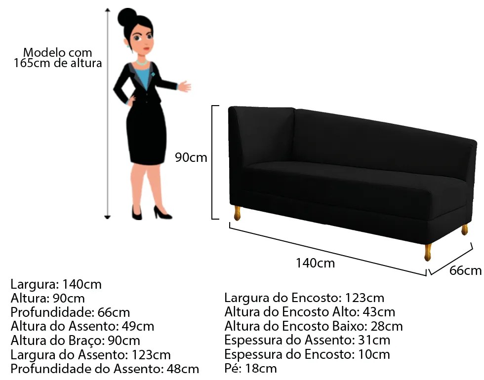 Recamier Valéria 140cm Lado Esquerdo Suede Preto - ADJ Decor