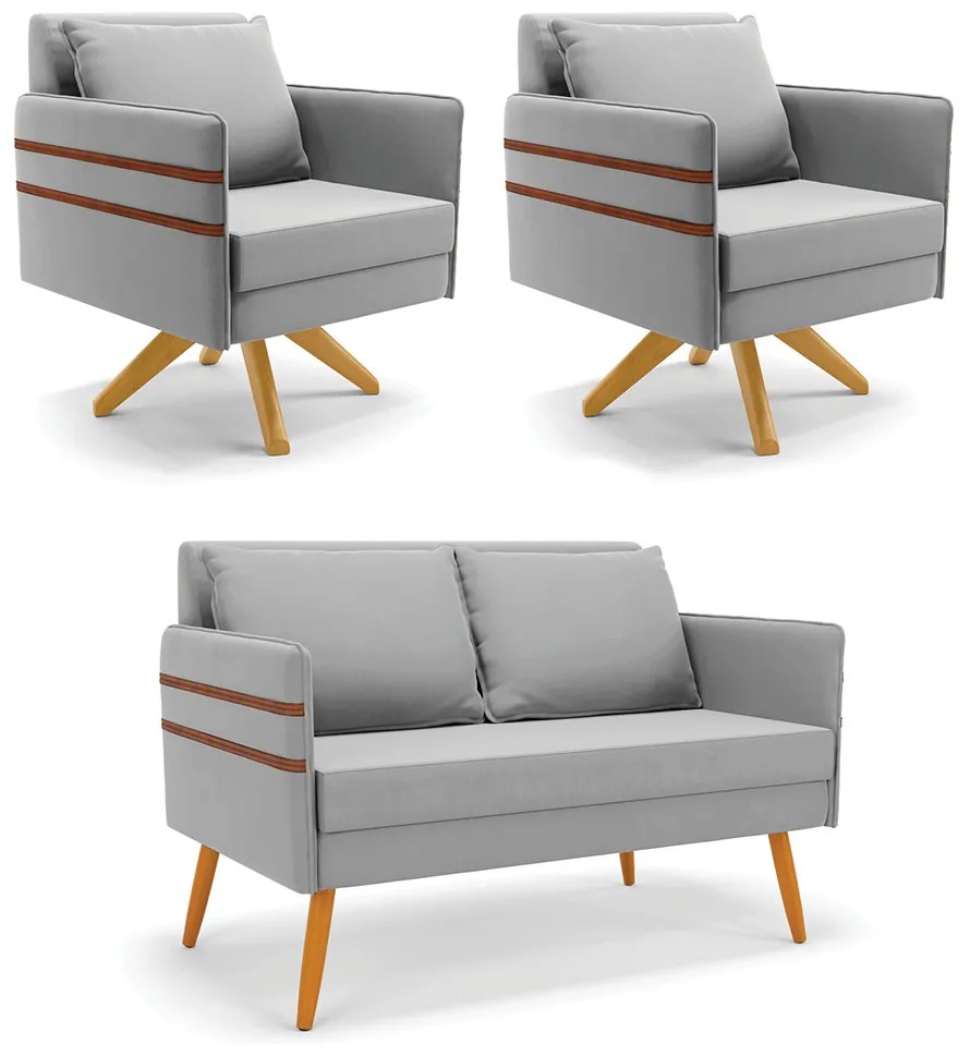 Kit 01 Namoradeira 02 Lugares e 02 Poltronas Mari Suede Base de Madeira MA30 - Cinza