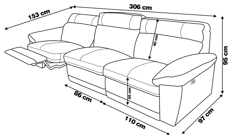Sofá 3 Lugares Reclinável Elétrico Jotta 306cm Couro Marrone G43 - Gran Belo