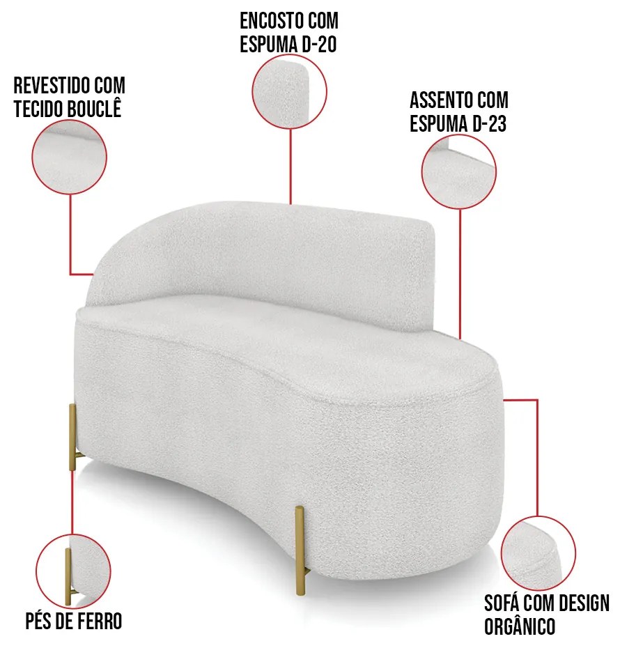 Sofá 2 Lugares Orgânico 140cm Pé Aço Lateral Dourado Morgan Bouclê D03 - D'Rossi  - Cinza