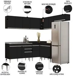 Armário de Cozinha Modulado de Canto 7 Peças CP21 com Pia Inox Preto -