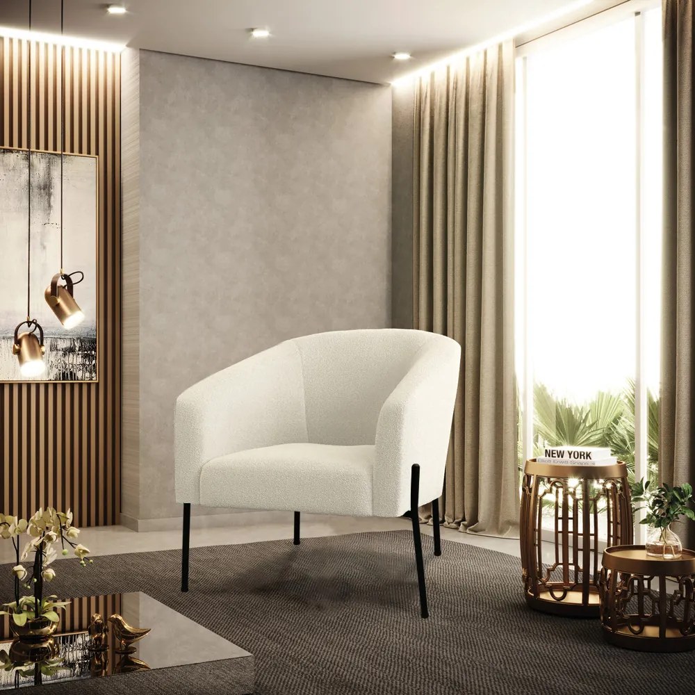 Poltrona Sala Decorativa Pé de Ferro Preto Kit 2 Stella Bouclê D03 - D'Rossi - Bege