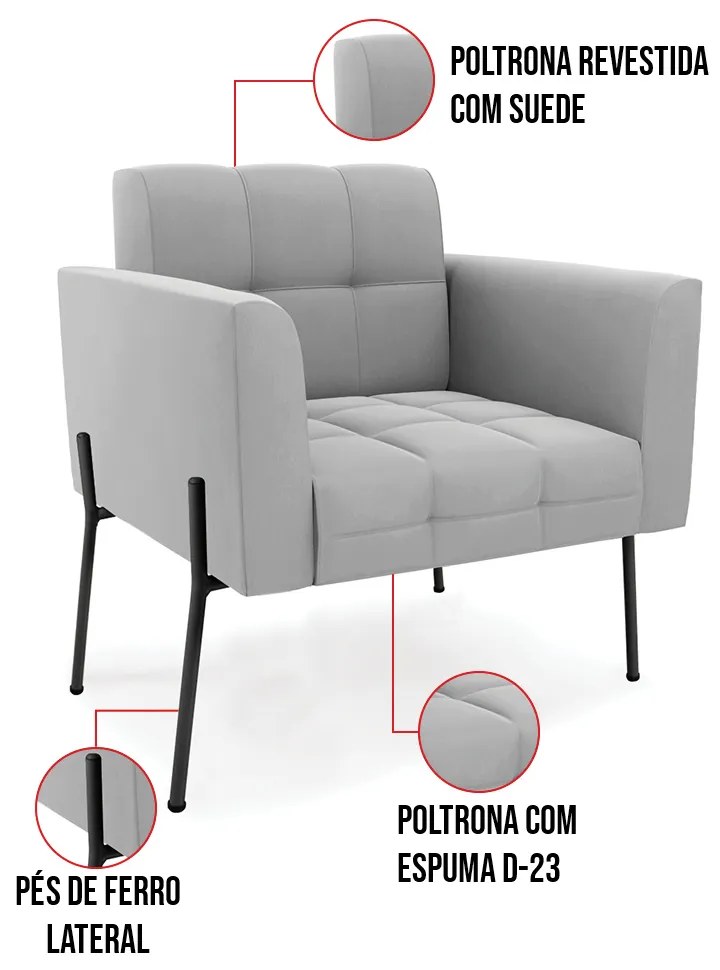 Poltrona Pé de Ferro Preto para Sala Elisa Suede D03 - D'Rossi - Cinza