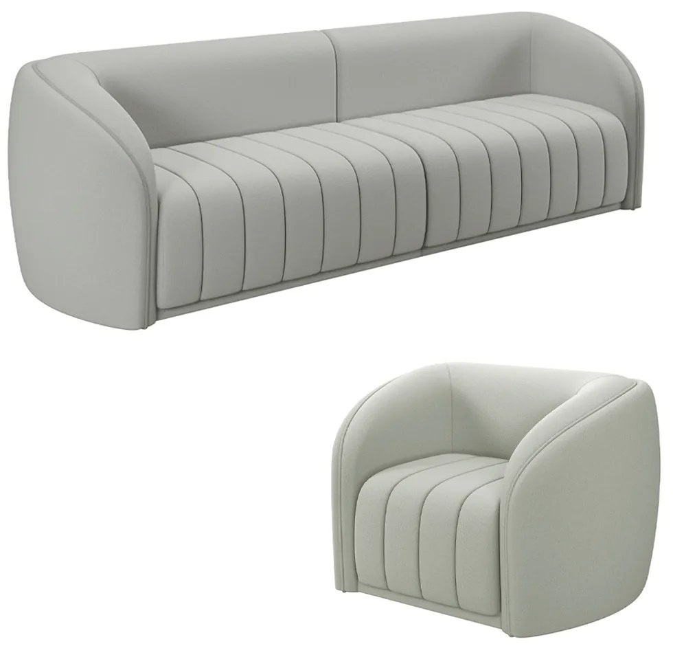 Conjunto Sala de Estar Sofá 252cm 3 Lugares e Poltrona Adam Veludo Cinza Claro G45 - Gran Belo