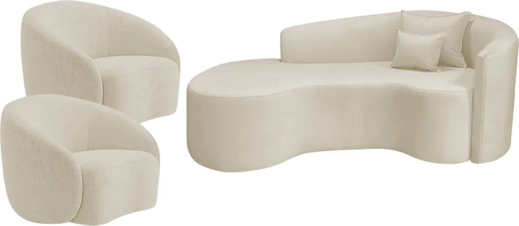 Kit Recamier Curvo Sala de Estar Inglaterra 200cm Lado Esquerdo e 2 Poltronas Orgânica Luxo Amore Bouclé