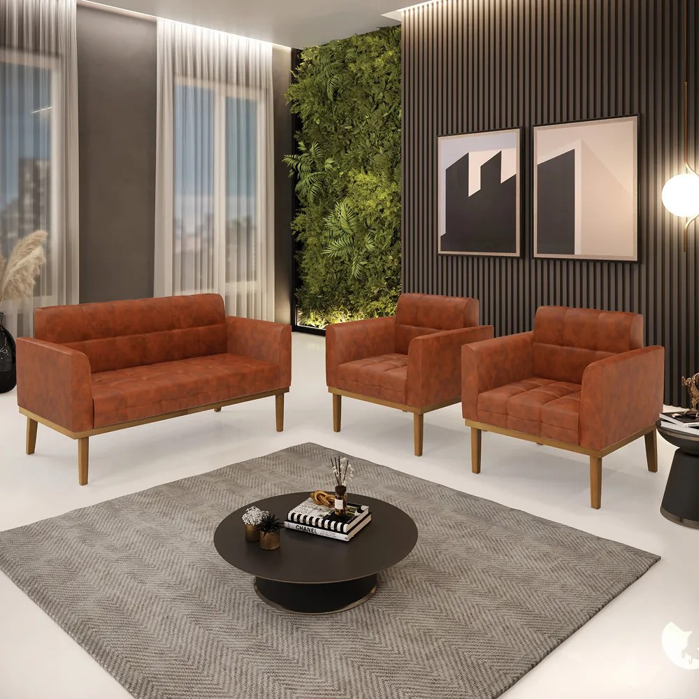 Conjunto 2 Poltronas e 1 Namoradeira Decorativa Karen Pés Fixo em Madeira Castanho Pu Nozes G19 - Gran Belo