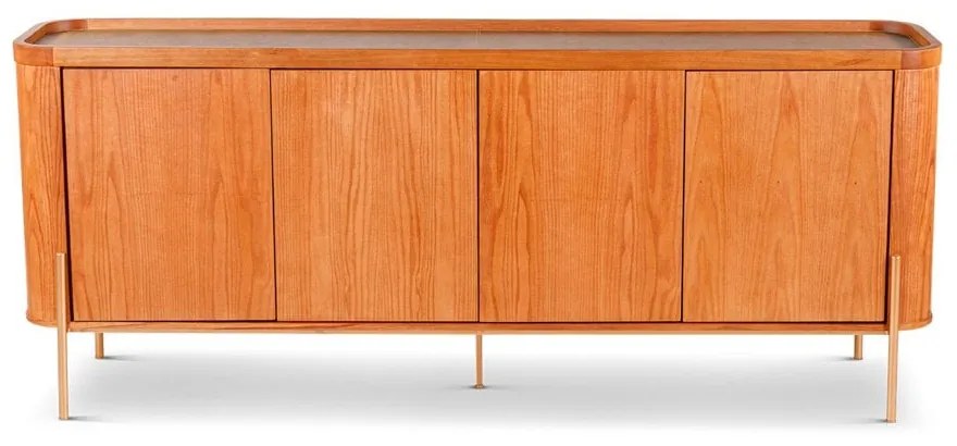 Buffet Teca 4 Portas em Lâmina de Madeira Moldura em Madeira Maciça Detalhe em Recouro Base Aço Carbono