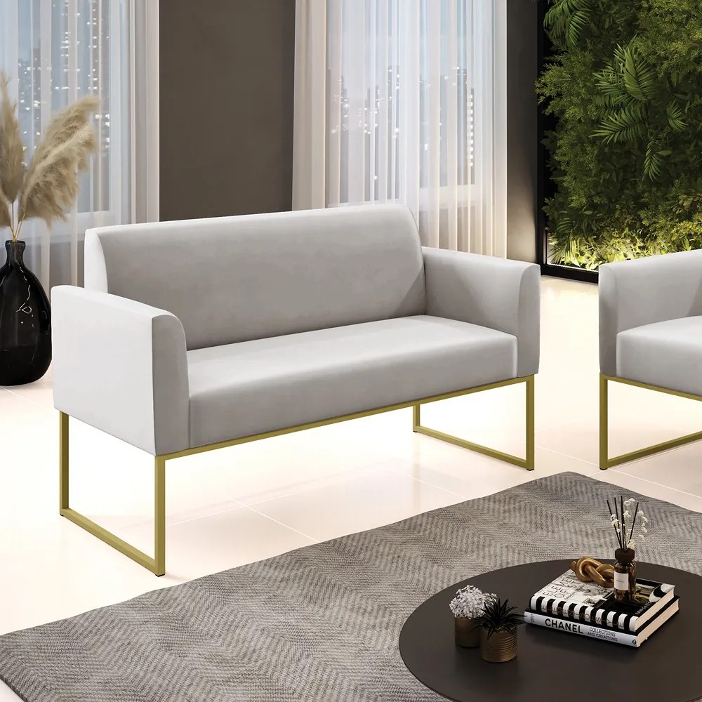 Sofá Namoradeira Base Industrial Dourado Marisa Veludo D03 - D'Rossi - Cinza