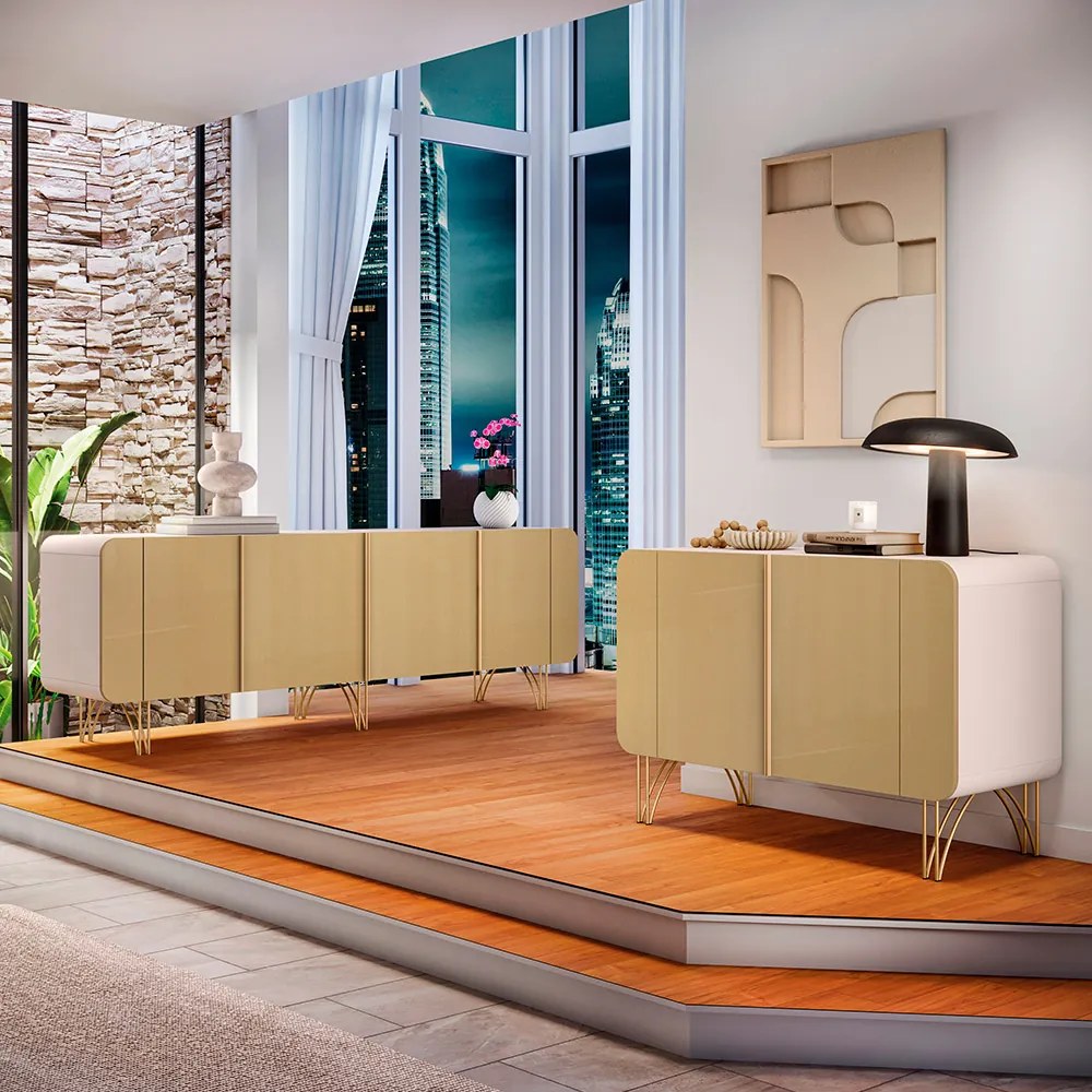 Conjunto Buffets Bambino/Virginia Sala de Estar MDP/MDF Pés Aço Off White/Champagne G26 - Gran Belo