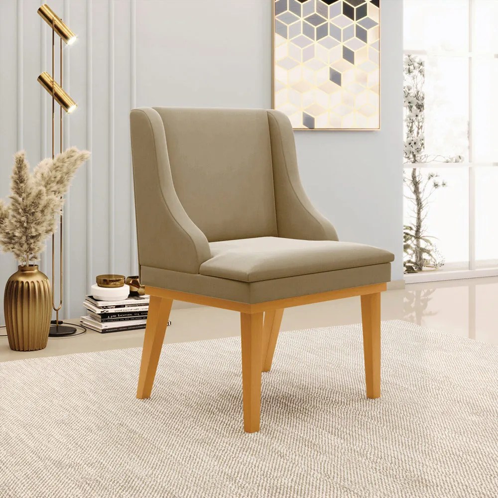 Kit 5 Cadeiras Decorativas Sala de Jantar Base Fixa de Madeira Firenze Suede Nude/Castanho G19 - Gran Belo