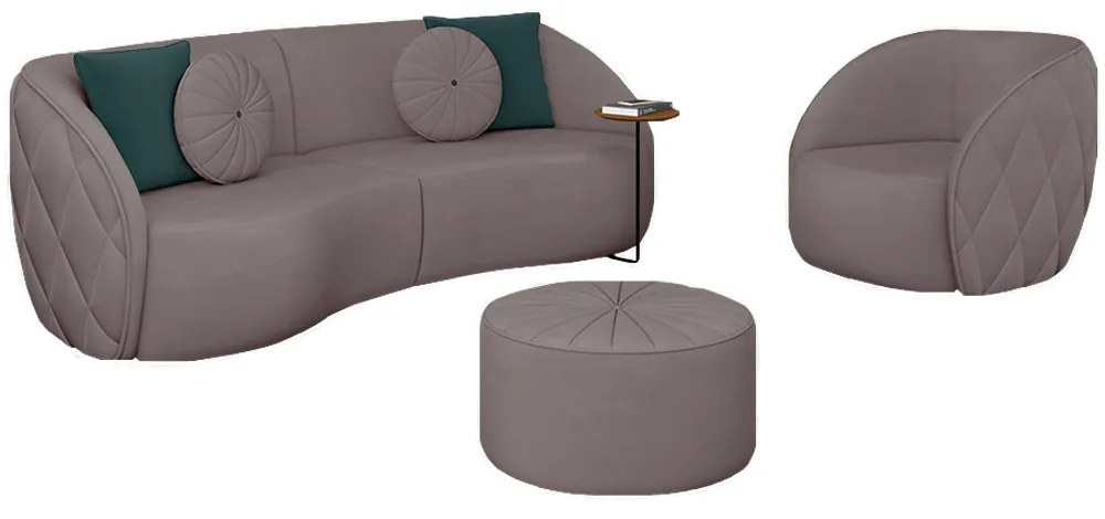 Conjunto Decorativo Sofá 288cm e Poltrona Clarke com Puff Round Veludo Rosê G45 - Gran Belo