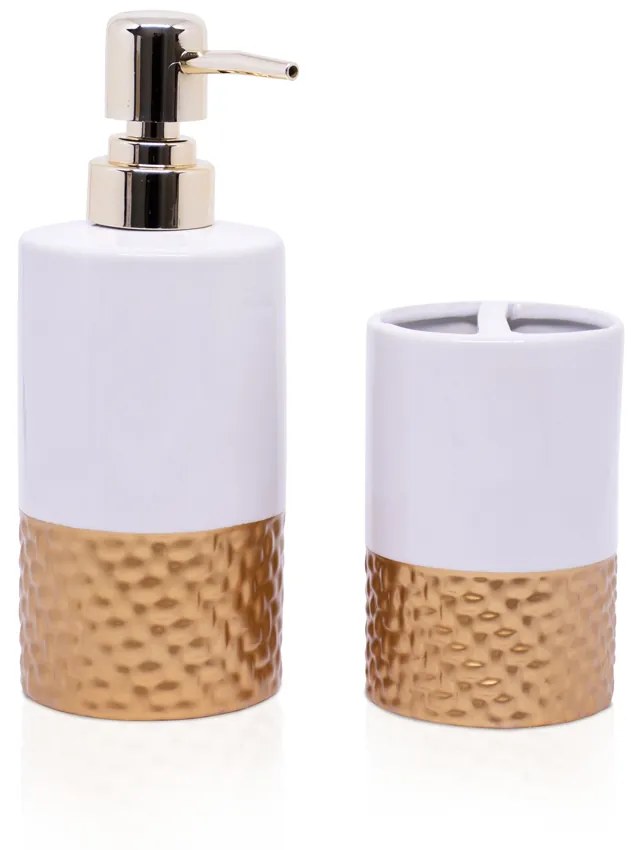 Kit Banheiro 01 Porta Sabonete Liquido e 01 Porta Escova em Cerâmica Branco e Dourado - D'Rossi