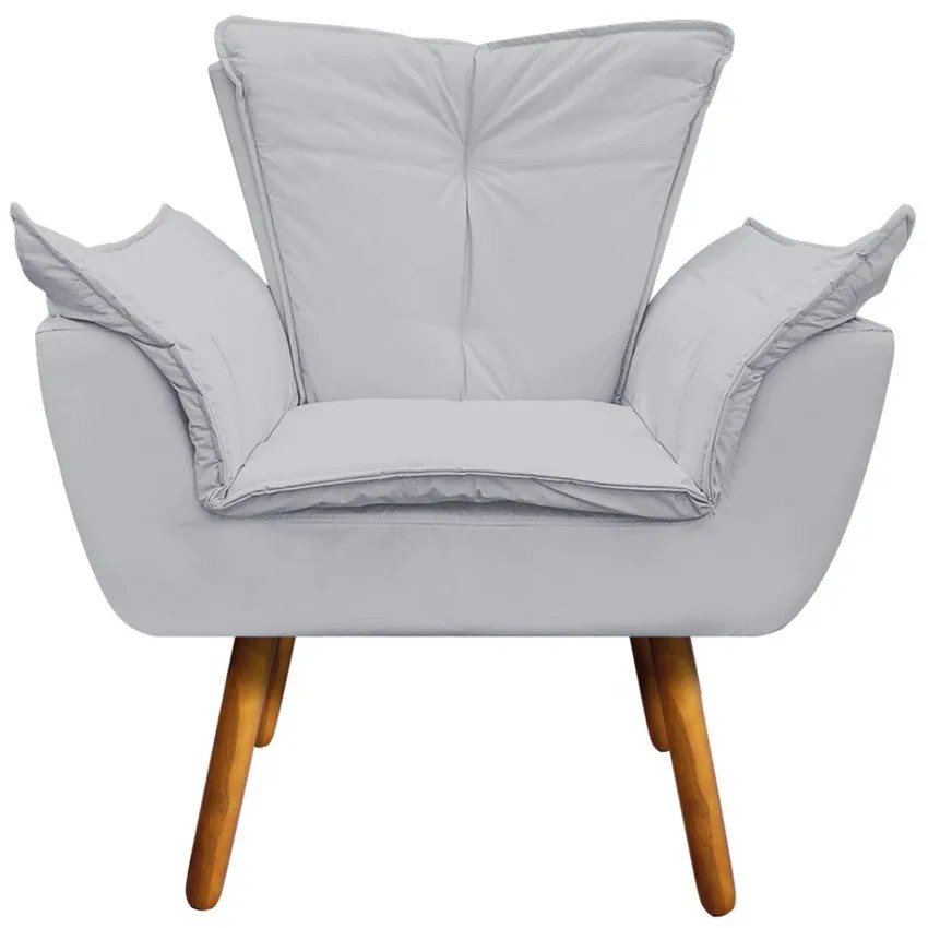 02 Poltronas e 02 Puffs Pé Palito de Madeira Opala Corino D03 - D'Rossi - Cinza