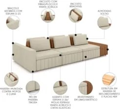 Sofá Ilha e Puff Sala Living 335cm Siesta M22 Linho Areia/Marrom - Mpo