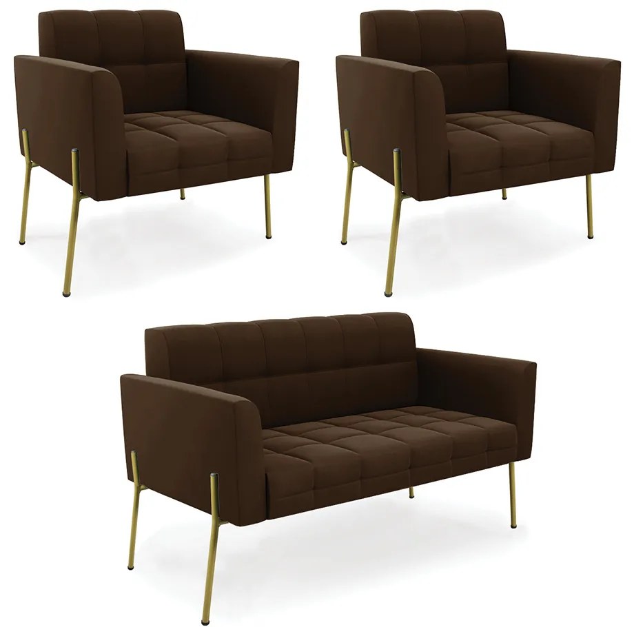 Sofá Namoradeira e 2 Poltronas Pé de Ferro Dourado Elisa Suede D03 - D'Rossi - Marrom