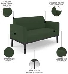 Sofá Namoradeira e 2 Poltronas Base Madeira Preto Maressa Veludo Verde