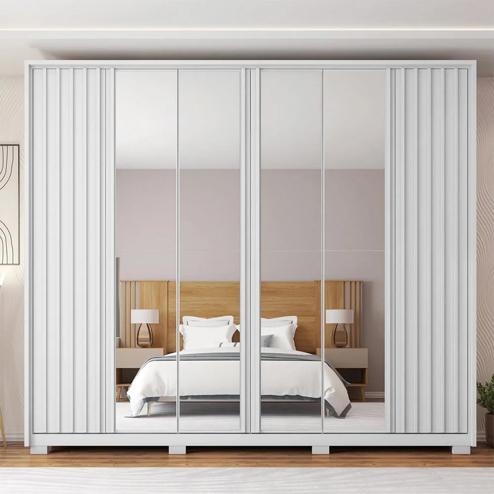 Guarda Roupa Casal Bravus 6 Portas de Bater com 4 Espelhos e 4 Gavetas MDP Branco G11 - Gran Belo
