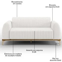 Sofá 180cm 3 Lugares Base Gold Molino D06 PU C-12 Branco - Mpozenato