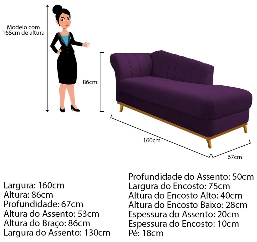 Recamier Vanessa 160cm Lado Direito Suede Roxo - ADJ Decor