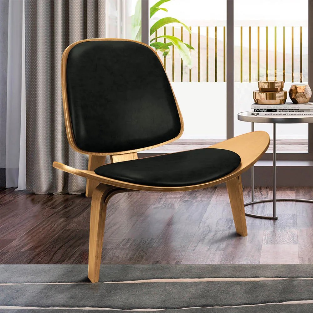 Poltrona Decorativa Base de Madeira Shell Sintético PU P01 - D'Rossi - Preto