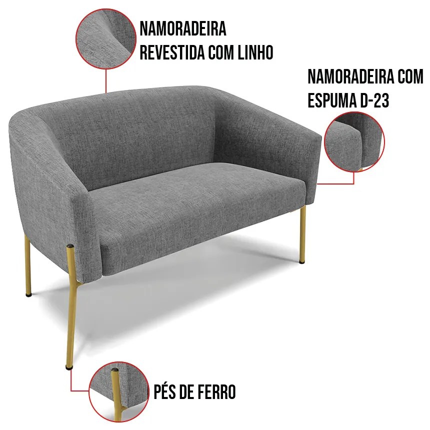 Sofá 2 Lugares Namoradeira Pé de Ferro Dourado Stella Linho Grafite D03 - D'Rossi