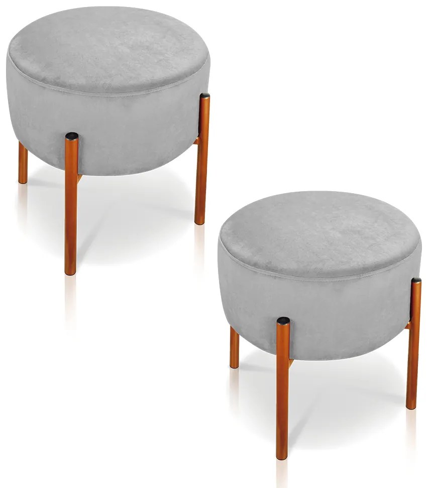 Kit 02 Puffs Iron Suede Cinza Base Metálica Cobre