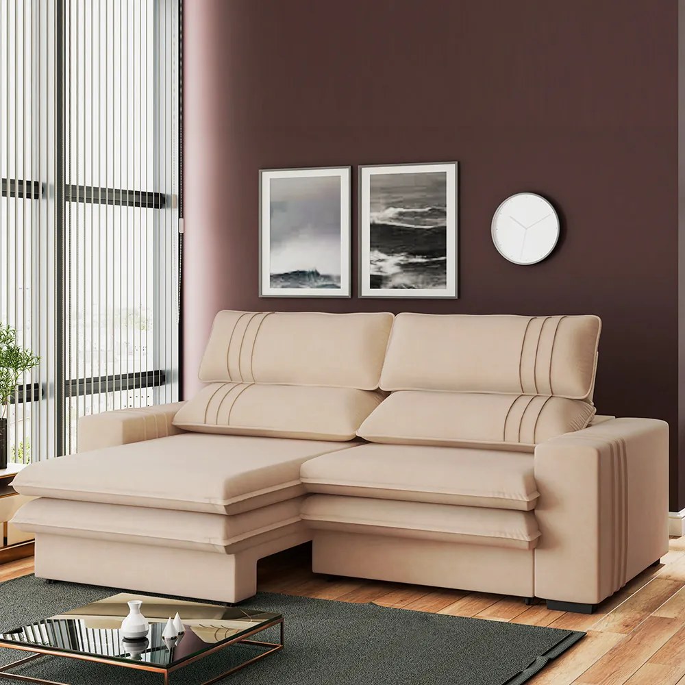 Sofá 2 Lugares Retrátil Noruega 180 cm Veludo  Pés Tabaco - D'Rossi - Off White