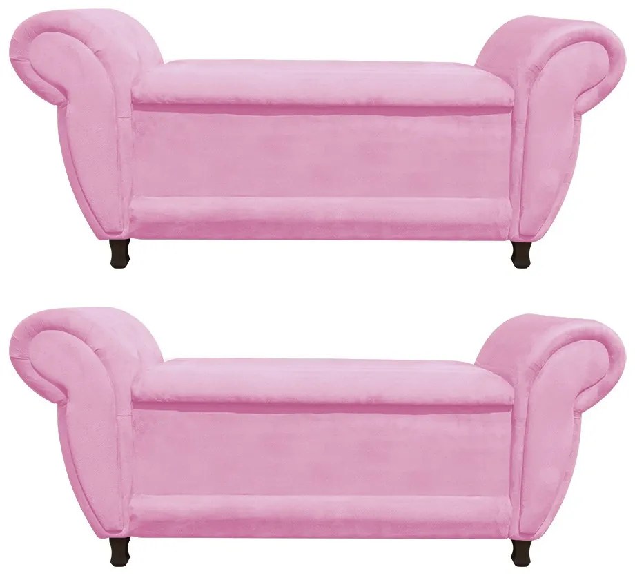 Kit 02 Recamier com Baú Itália Namoradeira Calçadeira Suede - D'Rossi - Rosa Bebê