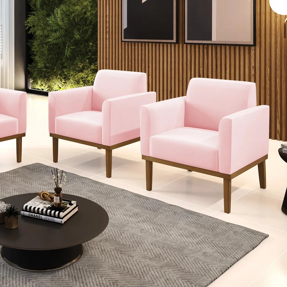 Kit 2 Poltronas Decorativas Isabella Pés Fixo em Madeira Castanho Suede Rosa Bebê G19 - Gran Belo