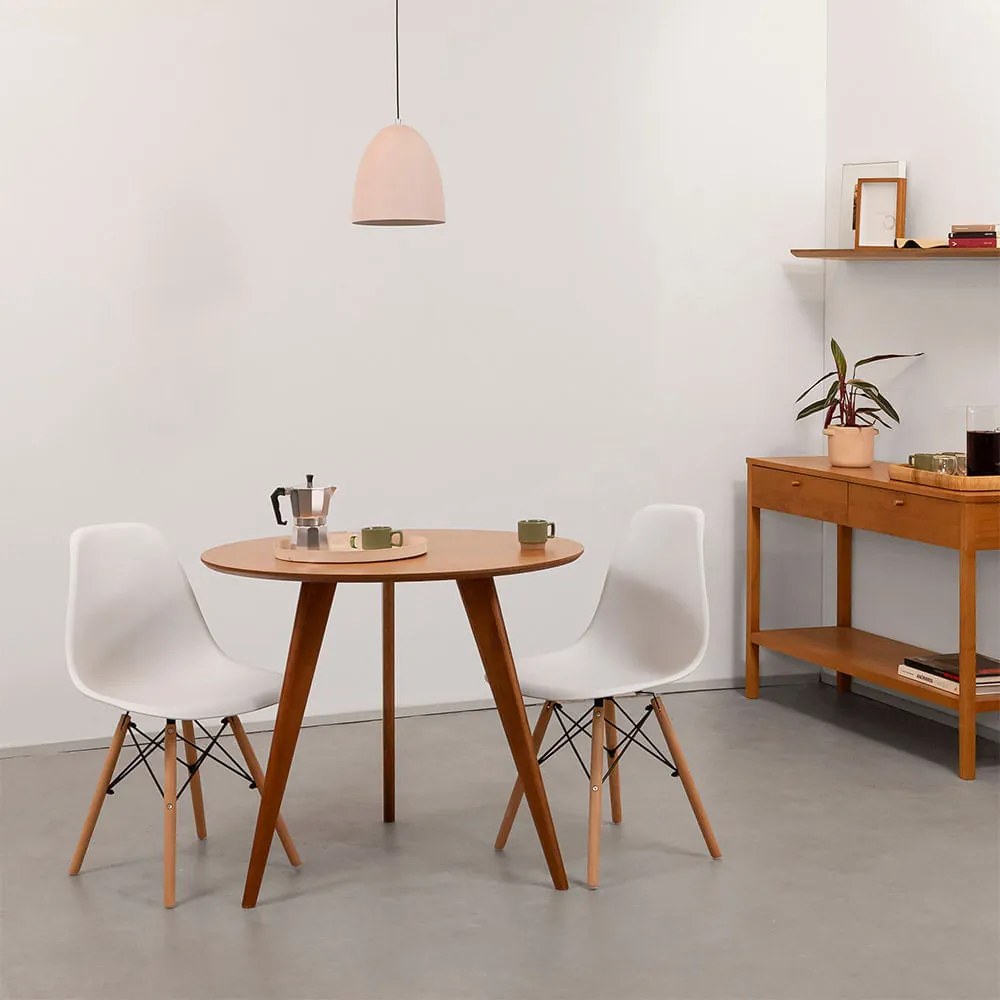 Conjunto Mesa Jantar Square Tripé Redonda 88cm Louro Freijó + 2 Cadeiras Eiffel em PP Branco com Base Madeira