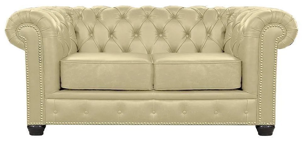Sofá Chesterfield 2 Lugares com Pés Madeira Couro Bege G40 - Gran Belo