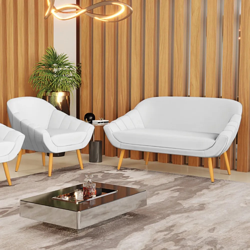 Kit 01 Namoradeira 02 Lugares e 01 Poltrona Giovana Corino Branco Pés Palito Castanho - Indo Decorar