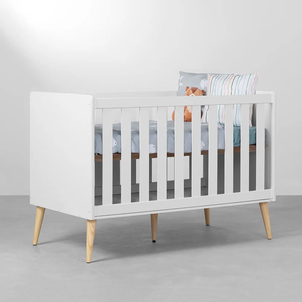 Berço Mini Cama Theo com Pés Retrô Natural – Branco Fosco